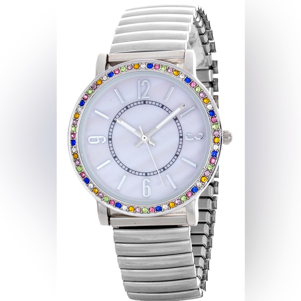 Anne Klein White Mother of Pearl Dial Rainbow Crystal Bezel Watch - Silver - Picture 3 of 4